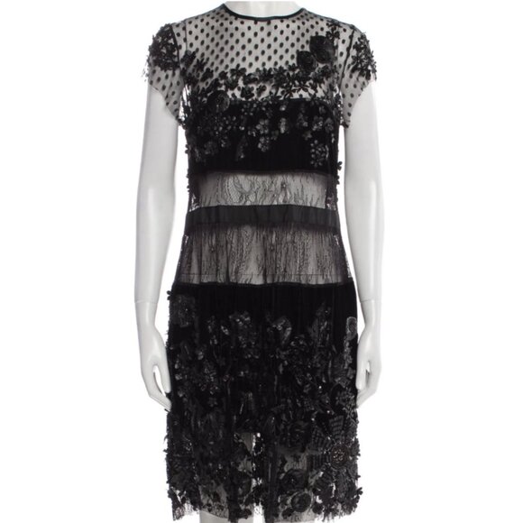 Amen Couture Black Leather Appliqué Sheer Mini Dress Sample Size 40 US 4 - Picture 2 of 16